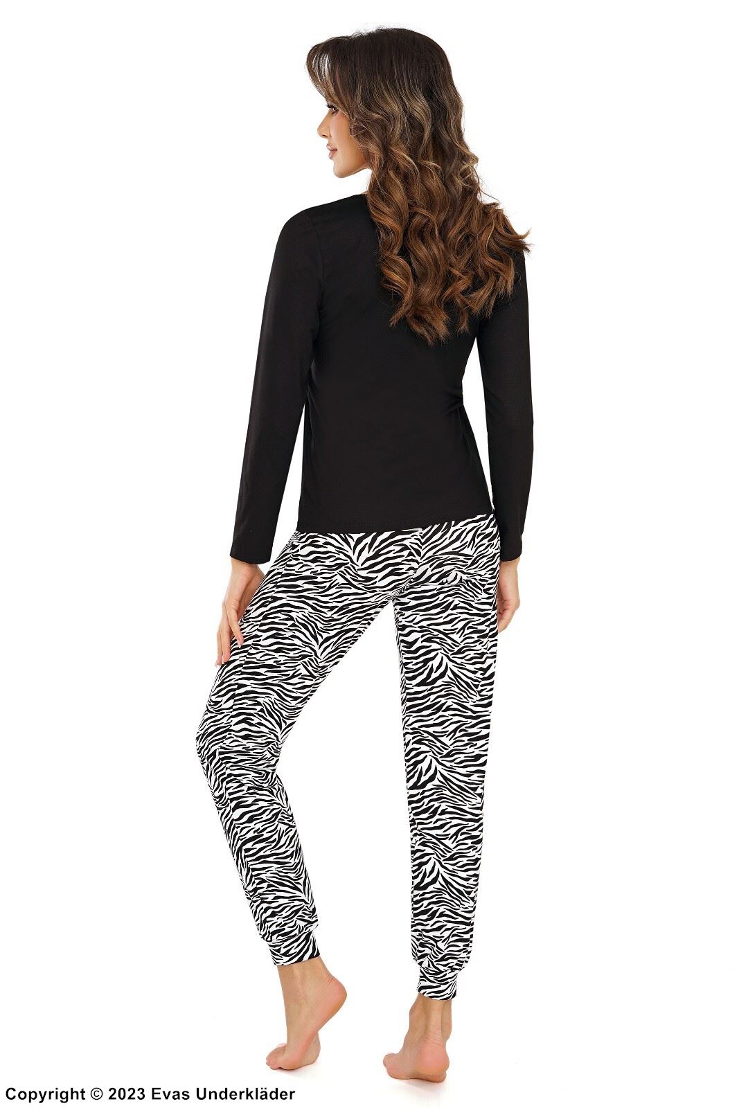 Pyjamas med top och byxa, långa ärmar och spetsinlägg, zebra